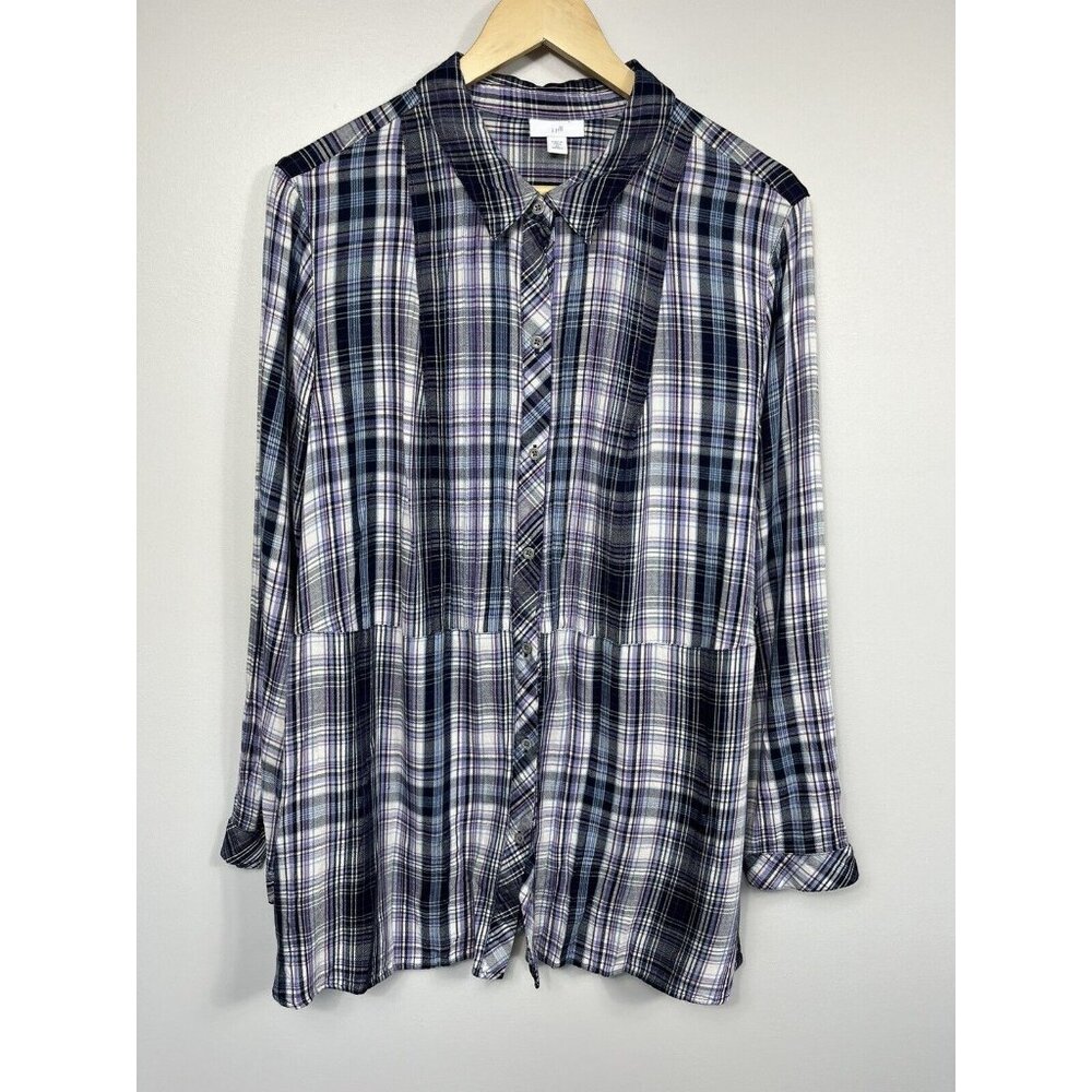 J Jill Top Womens 2X Purple Plaid Button Down Long Sleeve Tunic